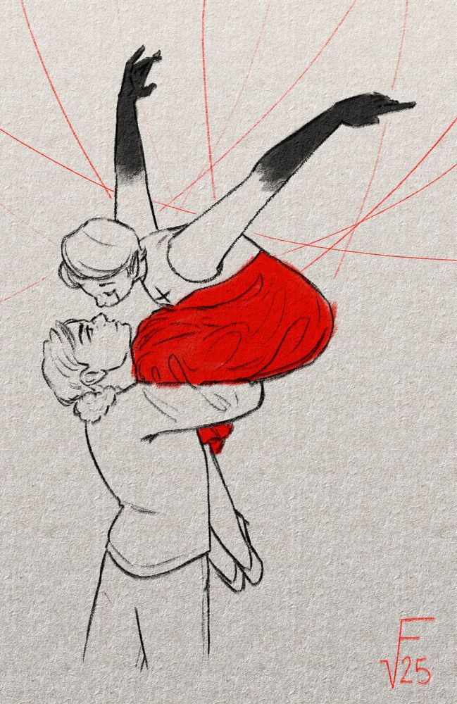 A pencil sketch of two people dancing. A man wearing a bomber jacket holds up a woman in a bright red dress. The woman leans down until their noses are almost touching, her arms lifted like wings. Behind them, red strings drape down from above. 