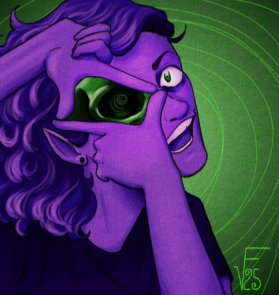 A drawing of Celeste, a man with long curly hair and a wild smile on his face, painted in purple. He's holding up his hands like a director framing a scene, over his eye. Inside the frame of his fingers, his face turns into a green skull, with a sketchy spiral in the eye socket. The background is the same bright green as the skull, with a brighter green spiral. 