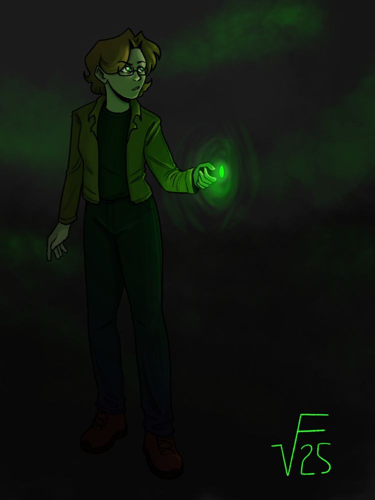 An illustration of Blair Martin, a woman with short reddish-brown hair. She has a serious, slightly curious expression on her face. She's wearing a brown jacket, a dark green sweater, dark jeans, and hiking boots, and carrying a flashlight, which illuminates her in green light. 