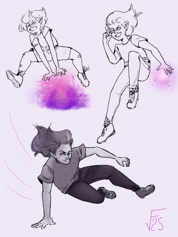 Three sketches of Celeste in motion. In the top left, he's leapfrog-jumping over an explosion of color. There's a wide grin on his face and his hair is flying up around his head. He's wearing shorts and a t-shirt, and there's band-aids on his arms and legs. In the top right, he's floating in midair with one knee drawn up towards his chest, and one hand lifted in a two-fingered salute. The other hand is down by his side, and surrounded by a purple glow. On the bottom, he's sliding past, one hand braced against the ground, both legs kicked out. The bottom sketch is shaded in purple-gray tones. 