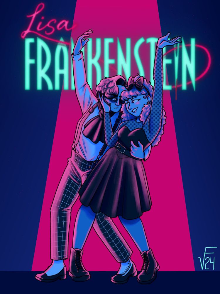 A drawing of Lisa Frankenstein and the Creature dancing shoulder to shoulder. The creature has his arm around Lisa's waist, and Lisa is caressing his cheek. They both have their other arms raised. They are colored dark blue, and lit with bright magenta. The movie's logo hangs above them. 