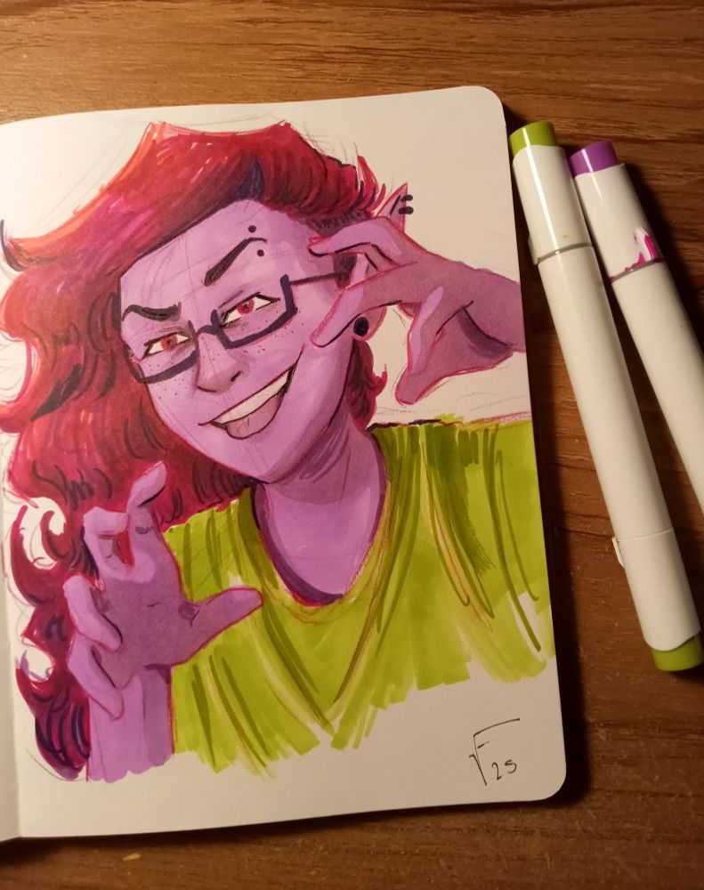 a marker sketch of Celeste, a man with long, messy hair. He's drawn in shades of purple and pink, holding both hands up like claws and grinning with his tongue out. He's wearing a bright green t-shirt, and rectangular glasses. He has an eyebrow piercing and many freckles. 