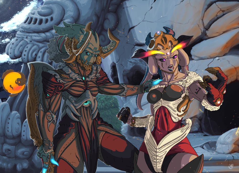 two alien warriors one enraged with the other consoling them