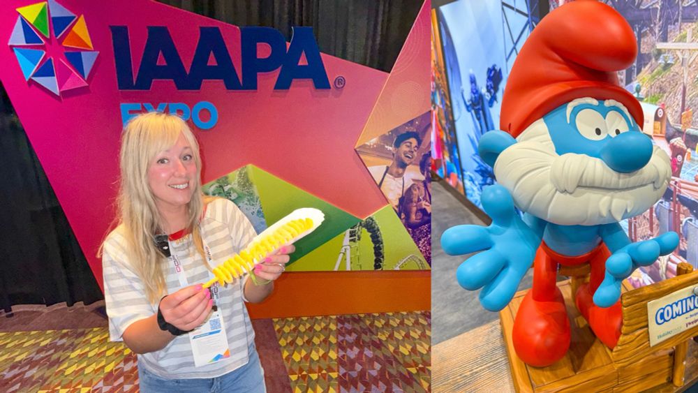 Photo of Jackie super enthuse at the IAAPA expo holding some potato on a stick and a picture of a Papa Smurf animatronic at the IAAPA expo 2024 in Orlando Florida. 