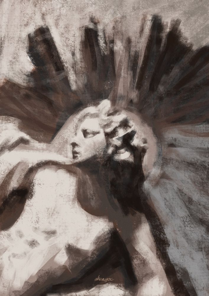 A digital painting of a stone statue with a radiant circular pattern around it.
