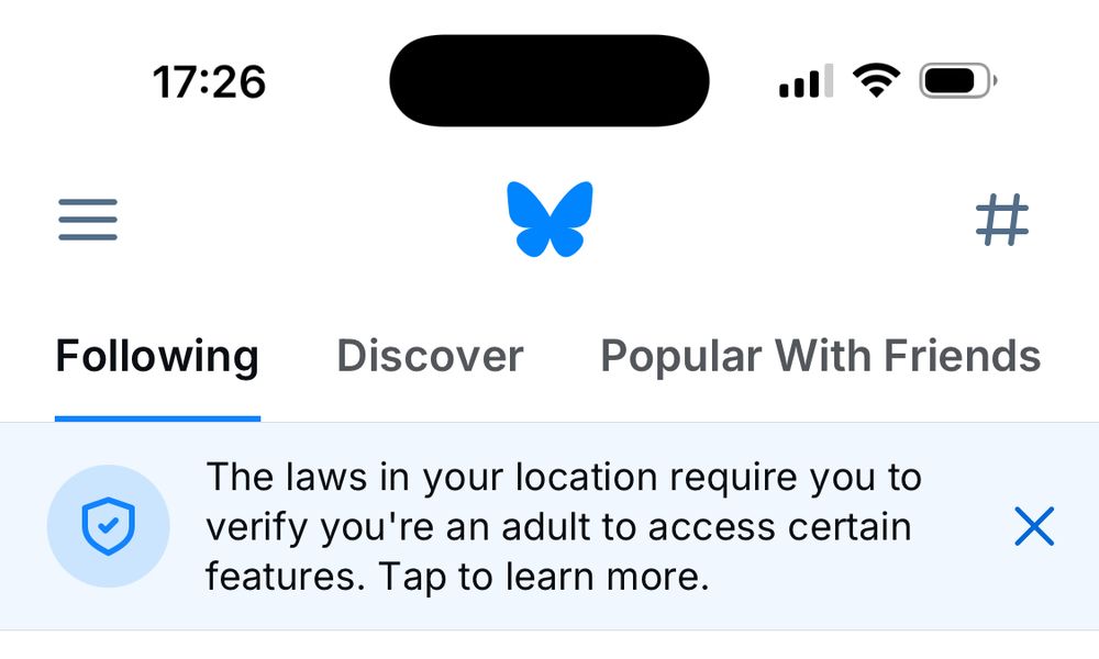 The Bluesky notification reminding me that I live in a neofascist nanny state. Text reads: The laws in your location require you to verify you're an adult to access certain features. Tap to learn more.