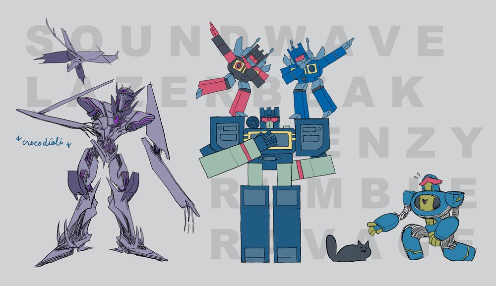 Soundwave drawn in three different artstyles. Each is accompanied by one of his cassettes.