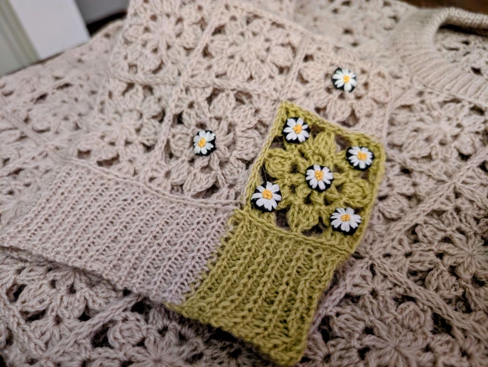 Little embroidered flower patches are sewn into the sleeve.
