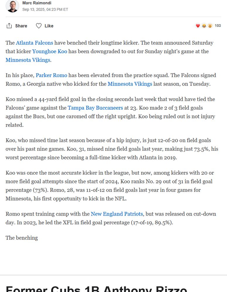 An ESPN article about the Atlanta Falcons' kicking situation that ends abruptly with "The benching" and nothing else.