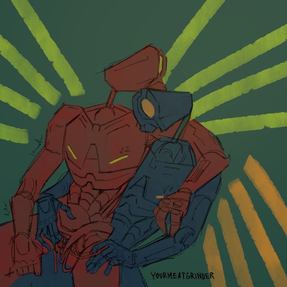 v1 playing with the cables in v2's crotch panel. v2 is sitting on top of v1 and has their knuckleblaster arm wrapped around v1.