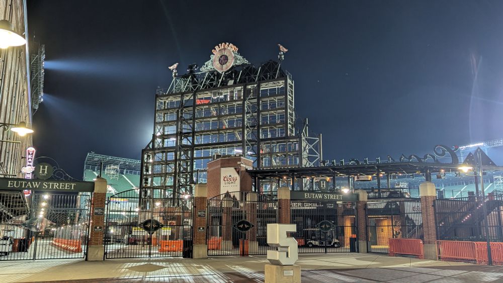 A picture of the internal scaffolding for the scoreboard of the Baltimore orioles at Camden yards, which you can see cause it's naked (they're doing a major overhaul this off-season)