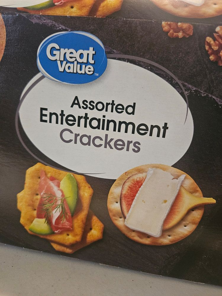 A Great Value brand box of snack crackers, labeled "Assorted Entertainment Crackers" 
