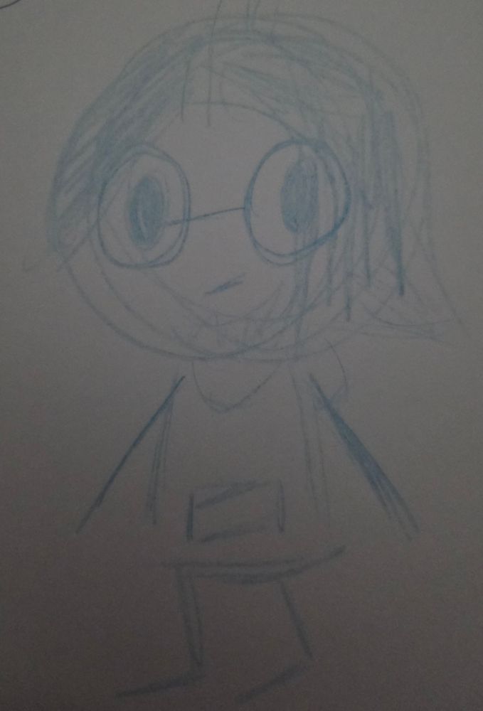 A childish blue pencil sketch of Berly from OMORI