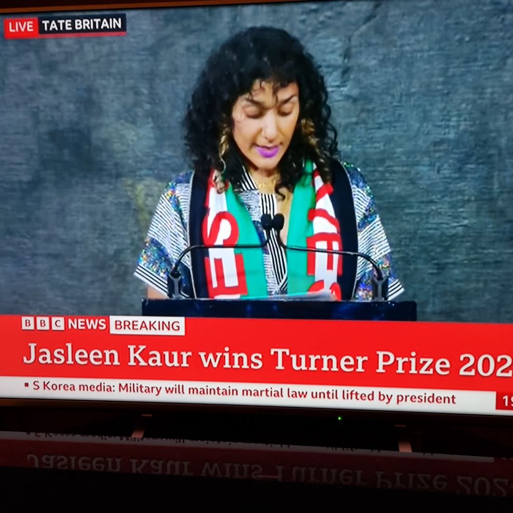 Still image of Jasleen Kaur as she accepts the 2024 Turner Prize 