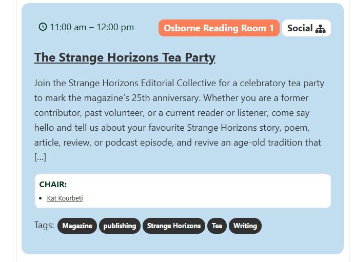 A screenshot of the Strange Horizons Tea Party, held at Osborne Reading Room 1, World Fantasy Con. Time: 11am to 12pm.