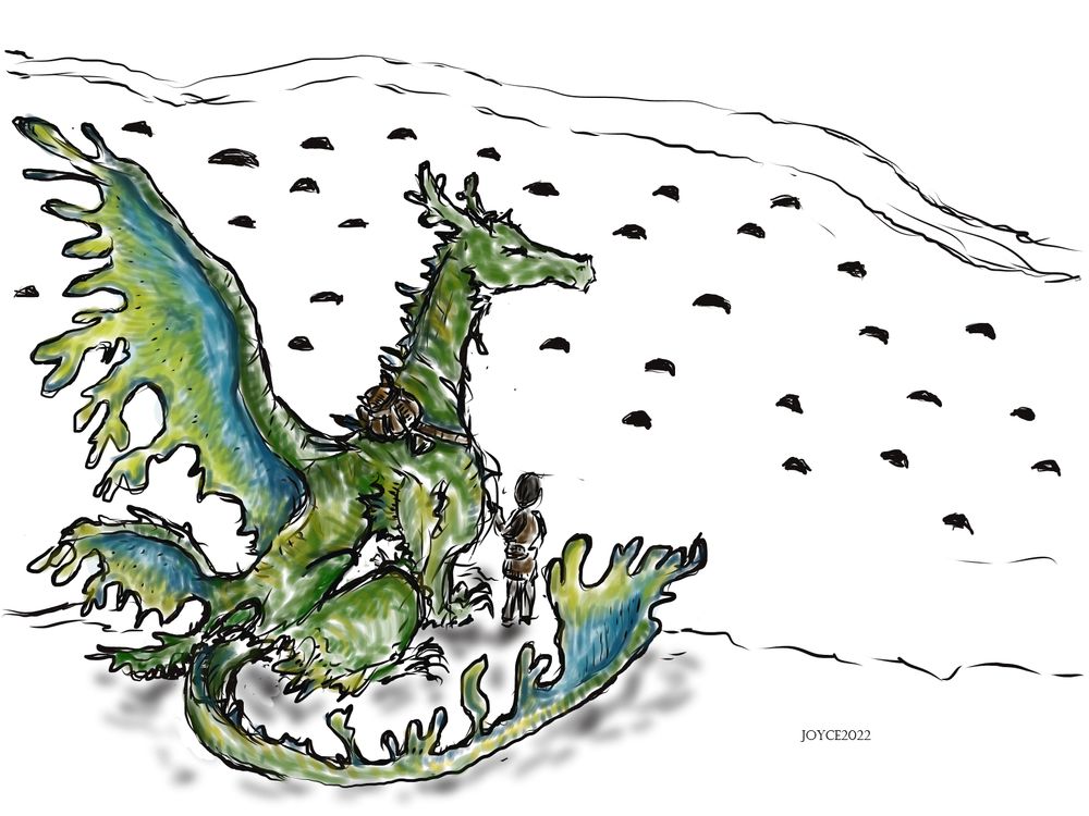 A green dragon (leafy sea dragon design) and her rider on Watch. 