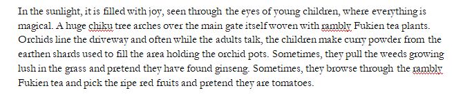 In the sunlight, it is filled with joy, seen through the eyes of young children, where everything is magical. A huge chiku tree arches over the main gate itself woven with rambly Fukien tea plants. Orchids line the driveway and often while the adults talk, the children make curry powder from the earthen shards used to fill the area holding the orchid pots. Sometimes, they pull the weeds growing lush in the grass and pretend they have found ginseng. Sometimes, they browse through the rambly Fukien tea and pick the ripe red fruits and pretend they are tomatoes. 