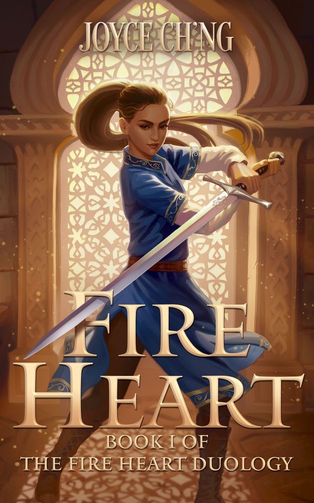 The cover for Fire Heart: a young woman in blue with long sword in guard position, while golden light streams through filigree window.