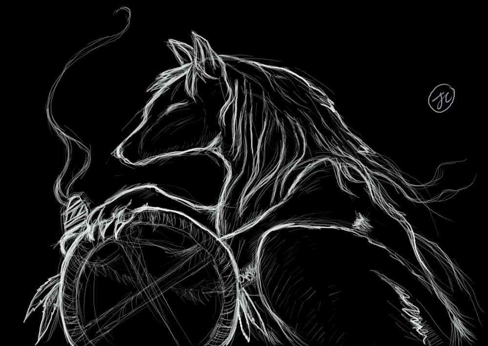 A sketch/illustration of a wolf-headed person with a frame drum.