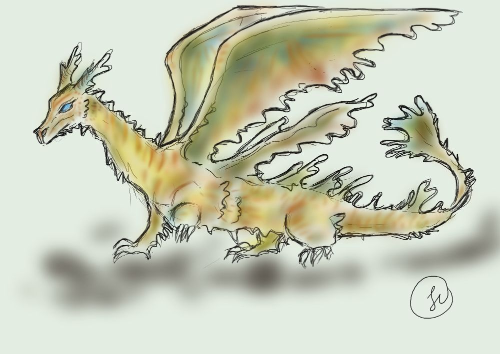 A golden dragon - Ramoth? - in the leafy sea dragon/Chinese dragon design. Frilly frond like dorsals/wings. 