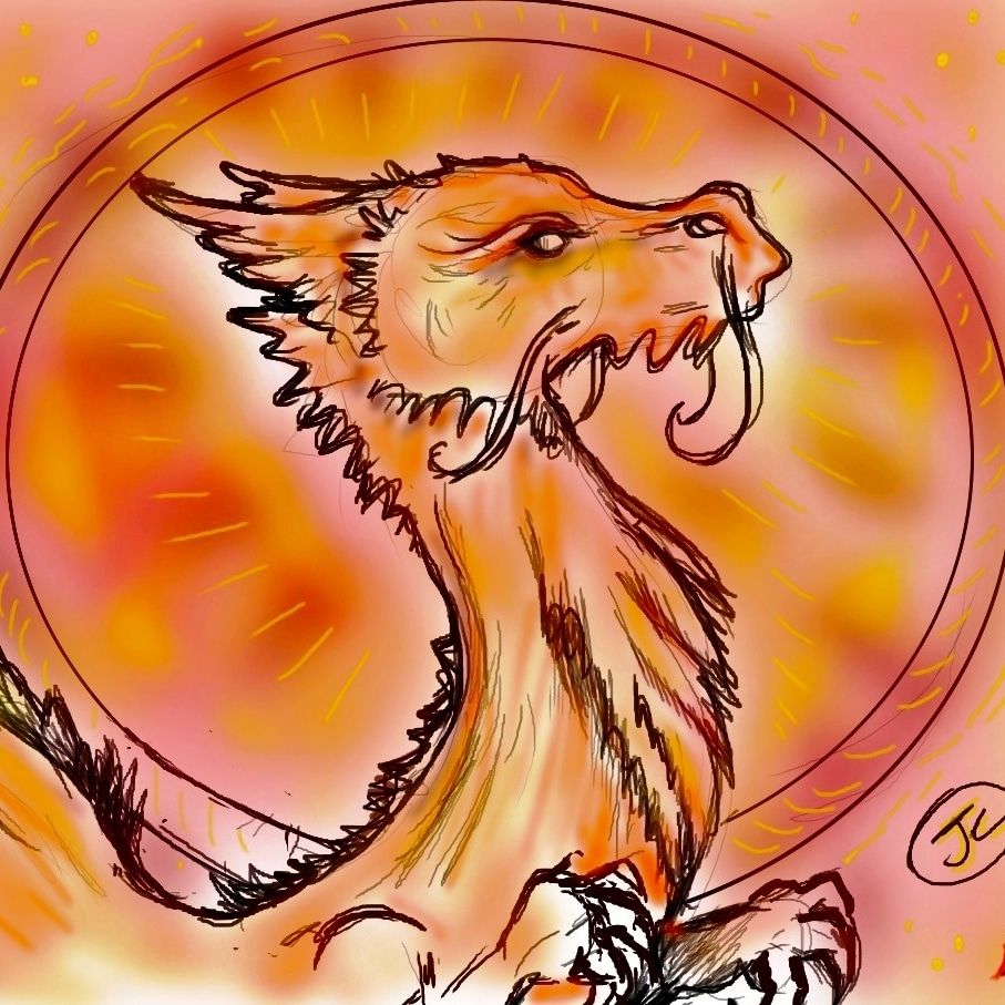 Golden dragon looking radiant, framed by a golden-red sun.