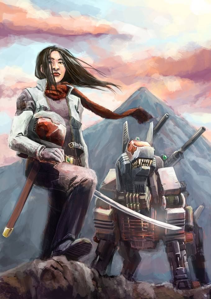 A young Asian person in uniform stands facing the viewer. They are holding a saber in their left hand, a helmet with a red visor on their right. Behind them stands their Command Wolf, a giant robotic wolf. 

This piece was commissioned by my spouse as a birthday gift. The artist is Madscuzzy/Dominic. 