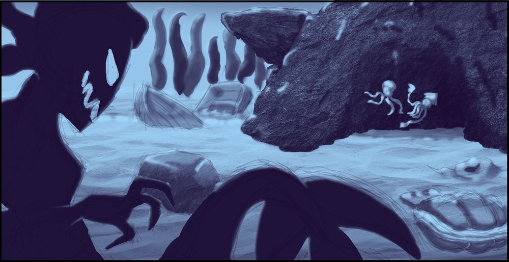 Once the shadows & highlights were applied within the box frame, I reused the sketch layer in order to help me figure out the placement of textures that will be applied. 

I added sand like textures for the sand & stone like textures for the rock & underwater cave. This was an attempt to make it have more 3D/stylized realistic depth. I also applied a little dull blue layer at 25% to 50% opacity as a mood coloring to the underwater feel.