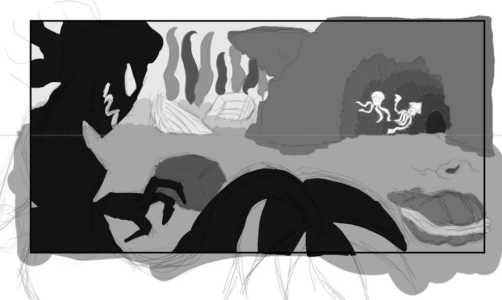 This is the digital page again, but cropped to focus on the mermaid creature's sketched body & the detail done within the box frame.

Inside the box frame, everything has been given various grey tones or changed to black & white figures. This was to help demonstrate who or what was in the foreground, midground, & background of the digital art piece. The main subjects were the squid & octopus duo in white while the mermaid creature was in black/dark gray.