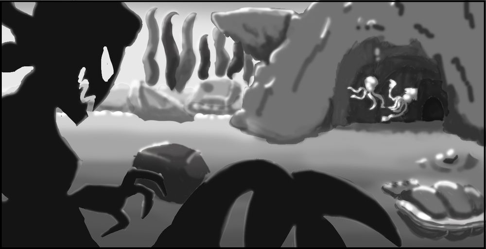 The digital page was cropped once more in order to focus the detail work done within the box frame.

After everything was basically grayscaled within the box frame, everything has given highlights & shadows without the sketch layer for this picture. This helps everything in the foreground, midground, & background of the digital art piece to pop out with depth & not seem as flat.