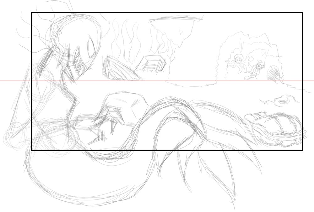 A digital page with a box frame taking up 2 thirds of the page. There is a red line within the middle of the box frame as the horizon line. 

On the page, while going in & outside the box frame, is a creepy evil smile looking mermaid like creature with pointy fingers & 5 fins. They look towards a lightly drawn underwater cave that has a ledge sticking out from the outside to the side. The mermaid creature sees a squid & octopus going inside the underwater cave entrance. Between them & the mermaid creature, there are objects like a medium-sized rock, a big clam, a small barrow, some kelp stalks, & a small row boat broken in half while in the sand.