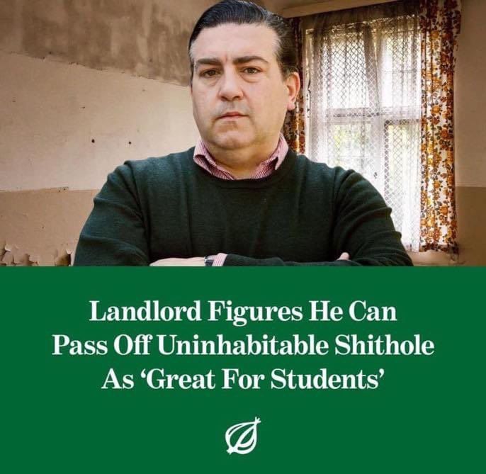 A middle-aged white man faces the camera while standing in a decrepit room, captioned “Landlord Figures He Can Pass Off Uninhabitable Shithole As ‘Great For Students,’” above The Onion’s logo.