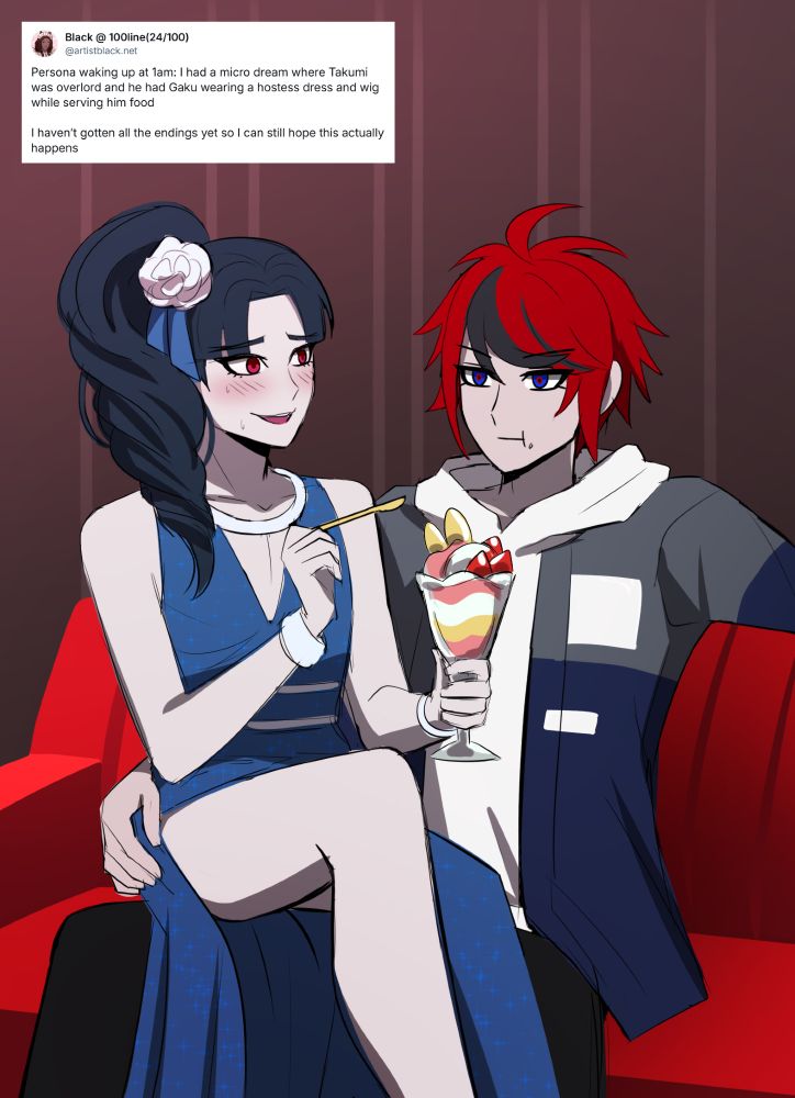 Hundred Line Gaku dressed like a hostess and feeding parfait to Overlord Takumi