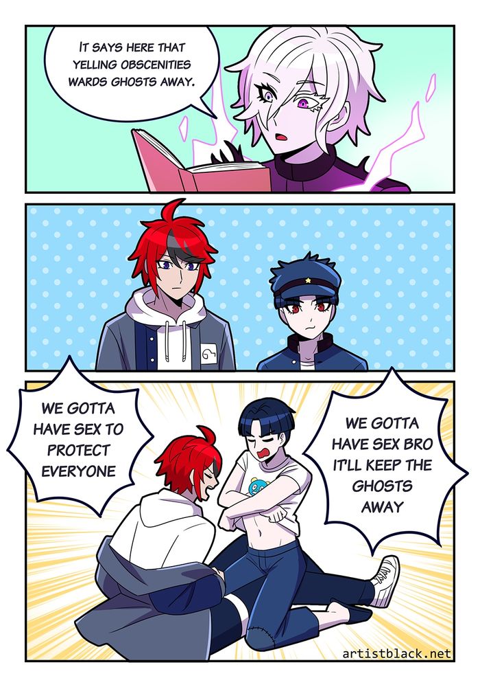 Hundred line comic of Shion telling Takumi and Gaku that yelling obscenities wards ghosts away and they interpret that as they gotta have sex