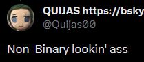 tweet from quijas "Non-Binary lookin' ass"