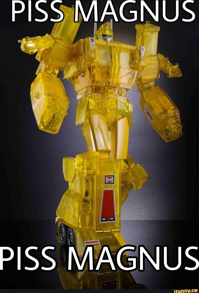 Clear yellow Ultra Magnus who we always call PISS MAGNUS because the Transformers character Ultra Magnus sucks ass and he shouldn’t ever been reassembled cuz he suck’s terds and needs to be YEETED from the fictions PO