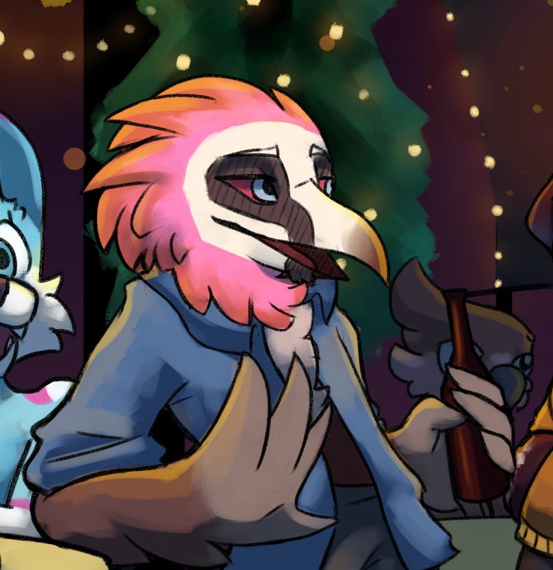 an anthro bearded vulture in a blue shirt drinking a beer