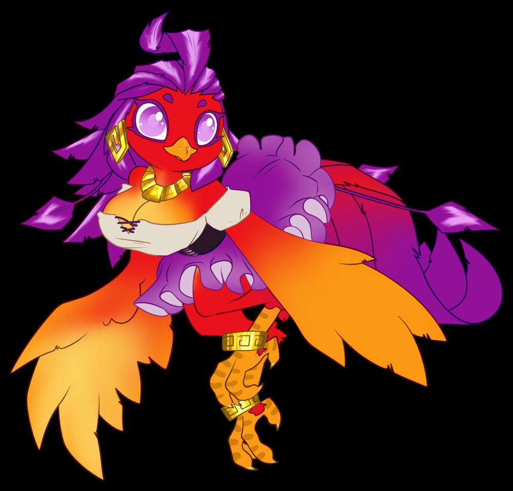 An anthropomorphic phoenix woman in a small purple skirt replete with pleats, a dark corset over a white blouse, and large gold "ear"rings, necklace, and anklets. She is vibrantly red, purple, yellow, and orange.