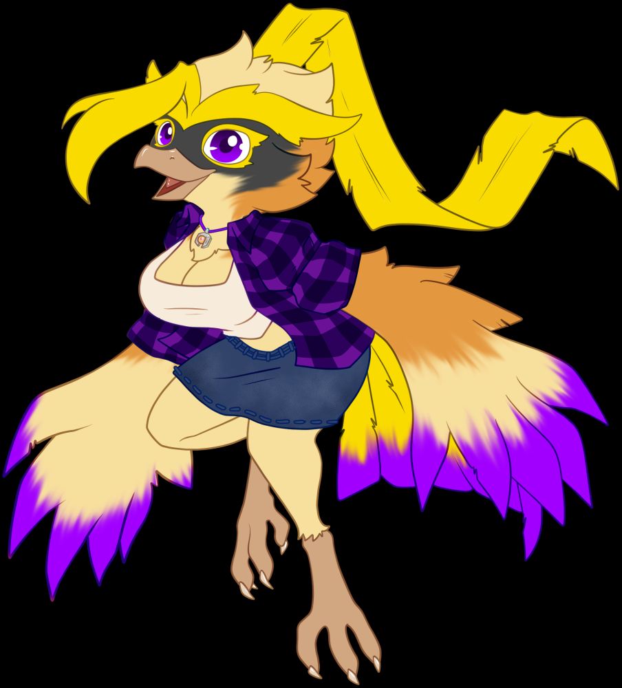 An anthropomorphic mega-pidgeot, again in chibi style. Her pendant is a mix of the Zephyr Badge from Pokemon's Gen 2 games with the pidgeotite mega stone from Gen 6. She is wearing a white cropped tank top under a purple plaid shirt and a denim miniskirt.