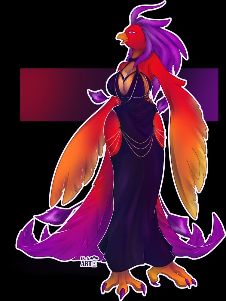 A female anthro phoenix in a black gown accented with gold chains