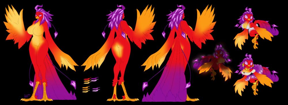 A ref sheet for an anthro female phoenix