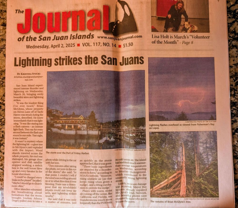 The front page of local Journal of the San Juans newspaper, April 2, 2025, where the top story is "Lightning strikes the San Juans". There are photos of storm clouds over the town of Friday Harbor, WA; a streak of lightning in the sky; and a tree split open after being hit by lightning.