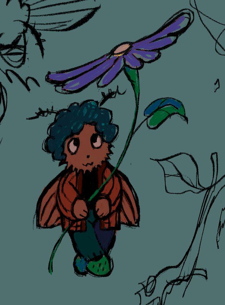 Colored sketch, simplified drawing of serizawa, he is small and is using a flower as an umbrella, he has moth fly wings and antennae and a fuzzy face.