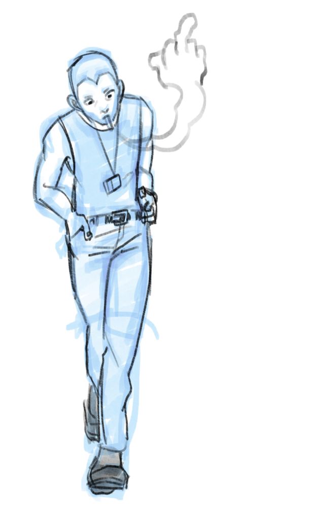 Uncolored Sketch of Joseph from the government walking while looking downward with one hand in his pocket, smoke from his cigarette forms into a hand that is giving the middle finger.