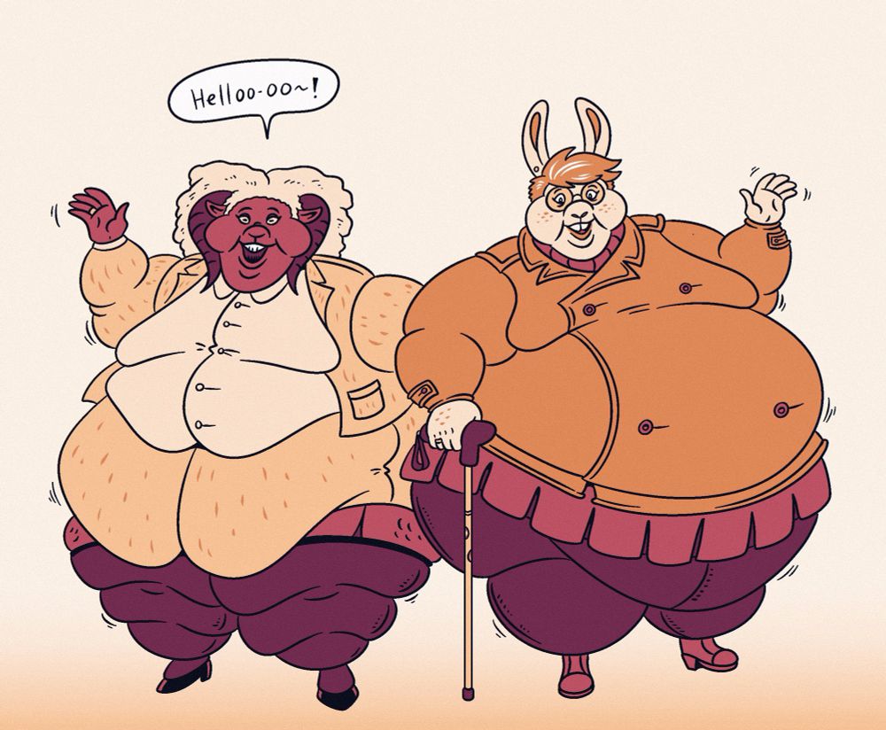 An illustration of two obese, mature-looking anthro women - a sheep and a bunny - dressed in formal fall-weather clothing and waving to the viewer cheerfully.