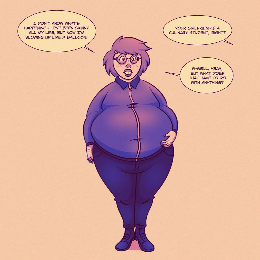 An illustration of a nerdy-looking trans woman with short hair, glasses, and freckles, wearing a simple jacket and jeans. She sports a very prominent potbelly, which contrast heavily with her otherwise average build; she rests her hand on her belly with a concerned expression on her face.