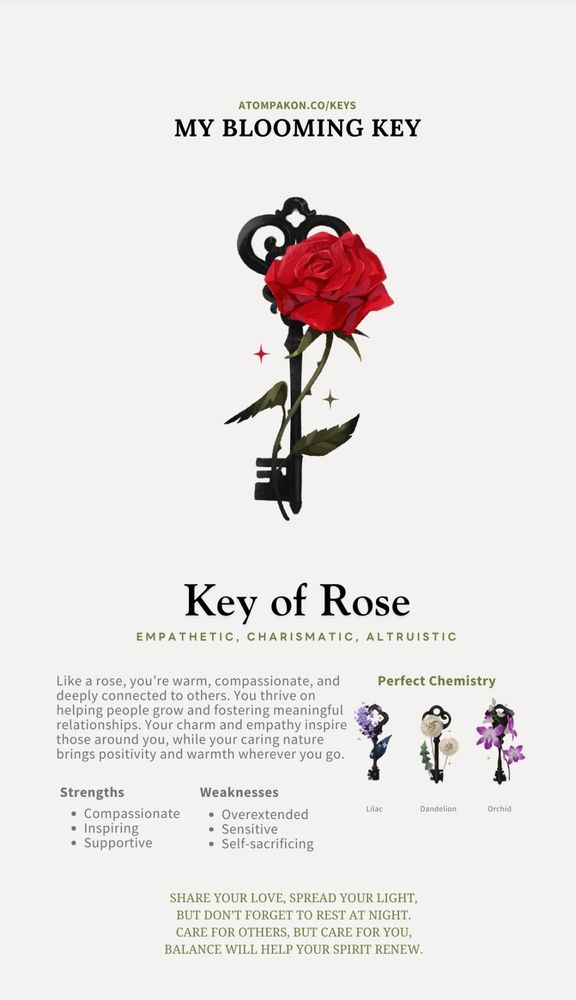 A quiz result with a picture of a rose key and text