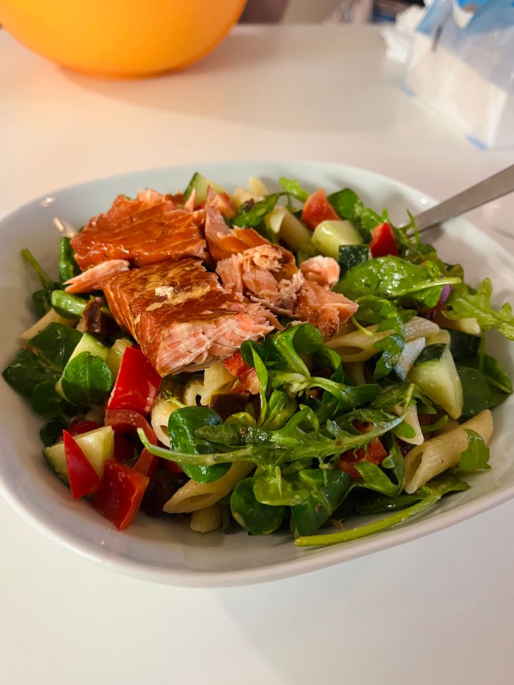 A photo of a salad I made the other day. The salad has smoked rainbow trout, lettuce, spinach, cucumber, bell pepper and pasta.