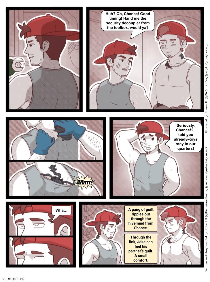 A shadow falls over Jake as he busies himself with maintenance. It turns out to be Chance, who plants an interface on the unsuspecting Jake. After a moment of confusion, Jake is brought into the hive mind, much to the dismay of the lingering fragment of consciousness left to Chance.