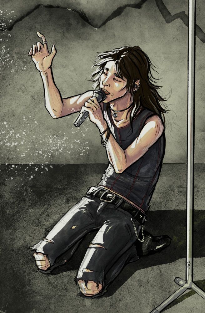 Digital drawing of a guy dressed in black, kneeling next to a microphone stand on a stage and singing with his eyes closed. 
