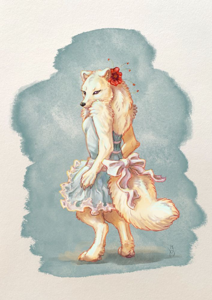 Digital painting of an anthro arctic vixen in a pretty blue dress, with a bow on her tail. She's looking over her shoulder at the viewer. 